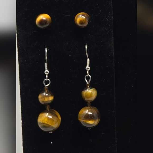 Vintage Tiger Eyes Necklace-2 Pairs of Pierced Earrings Fashionable Brown Swirls - Picture 7 of 11